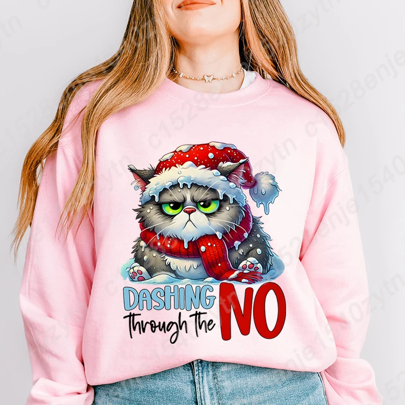 

Christmas Cat Dashing No Through The Print Women Hoodeless Pullovers Soft Autumn Winter Pullovers Ladies Hot Selling Sweatshirts