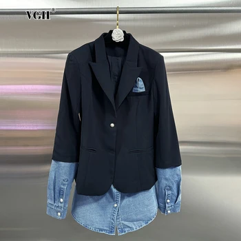 Vgh-パッチワークデニムブレザー女性用,ノッチカラー,長袖,スプライスボタン,ミニマリストブレザー,ヒットカラー,カジュアル,女性用,新品