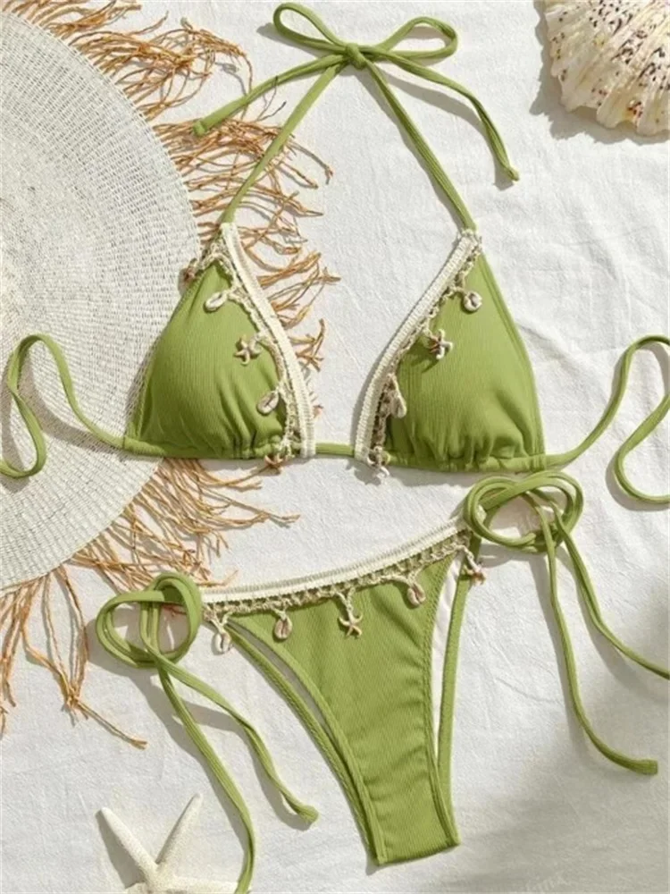 Shell Triangle Bikinis Bandage Thong Bikini Women Push Up Beach Swimwear 2 Piece Swimsuit Women Bikini Bathing Suit Beachwear