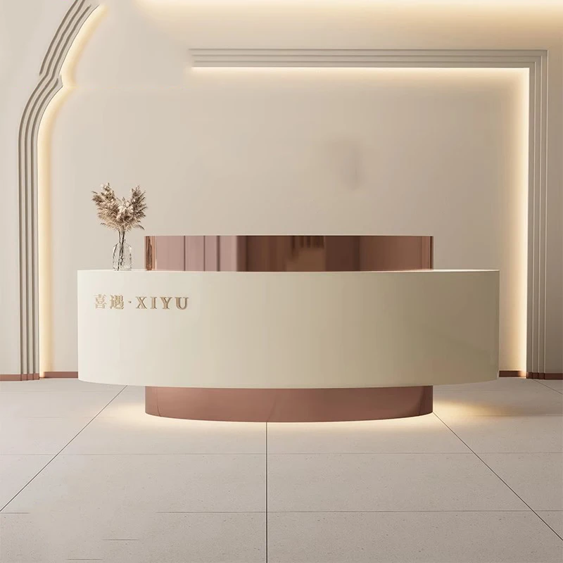Luxury Curved Reception Desks Modern Shelves Restaurant Company Desks Industrial Hotel Display Escritorio Commercial Furniture - Image 6
