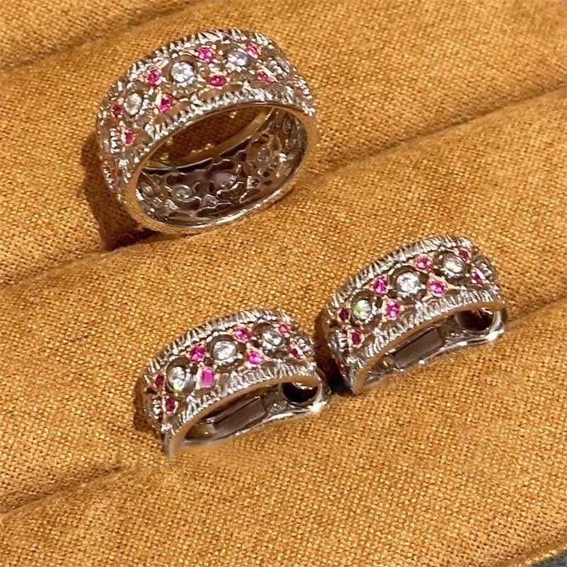 French Retro Pink Crystal Lace Hollow Adjustable Ring for Women Fashion Exquisite Knot Ring Jewelry Accessories Wholesale