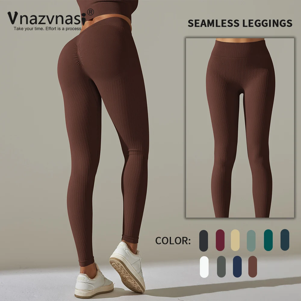 

Vnazvnasi Seamless Ribbed Leggings for Fitness Hip Lift Yoga Pants Sports Push Up Tights Workout Clothes Sportswear Woman Gym