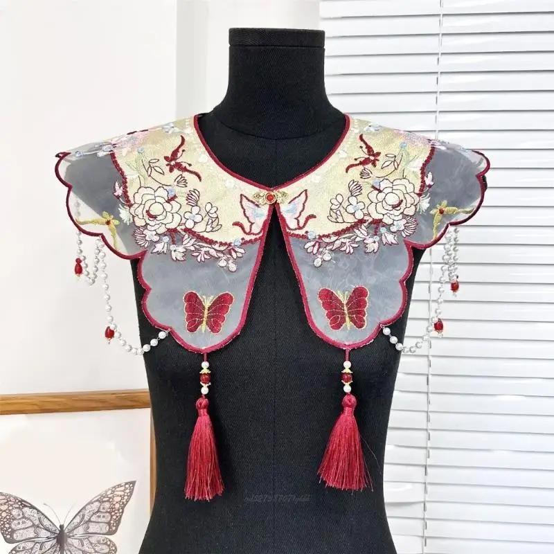 X5XA Embroidered Butterfly Floral Decorative Faux Collar Chinese Ancient Shawl Capes