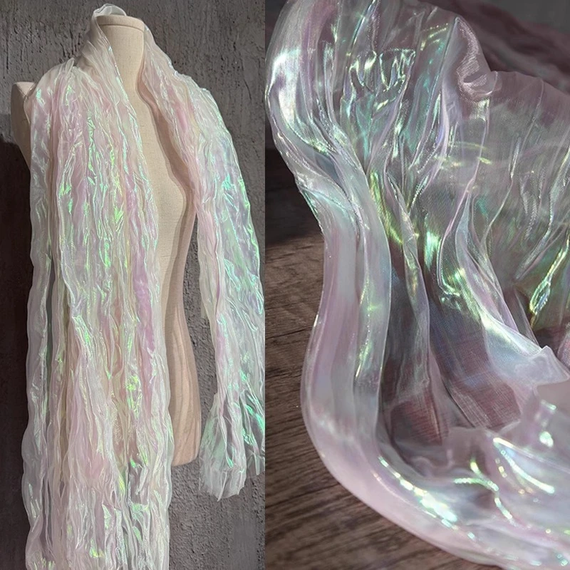 

Голографическая плиссированная лазерная ткань из органзы с радужным мерцанием для дизайнера верхнего платья