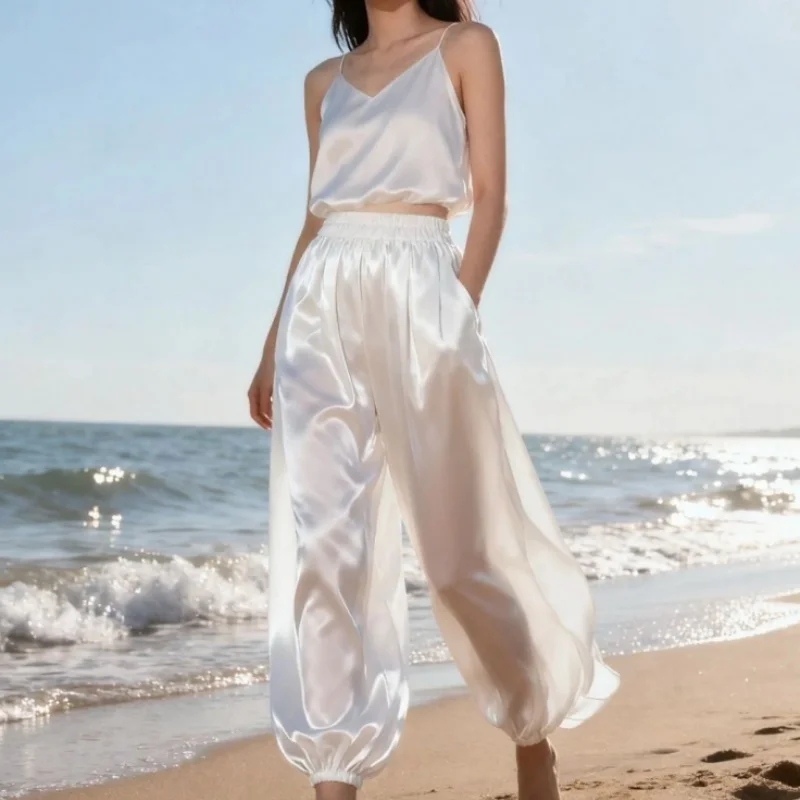Ice Silk Soft Silky Elastic Lantern Pants Unisex Translucent Sports Pants Plus Size Glossy Loose Trousers Sleeping Pants Pajamas