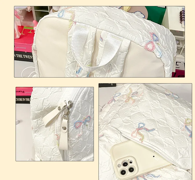 Colorful Bow Full Print Ruched Fabric Backpack Four Colors Available Large Capacity Girls Junior High High School School Bag