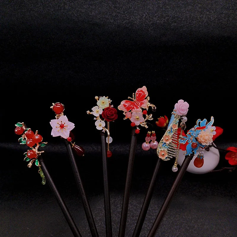 

Деревянные заколки с кисточками и цветочным принтом для женских аксессуаров, классический головной убор с имитацией черного дерева в древнем стиле.