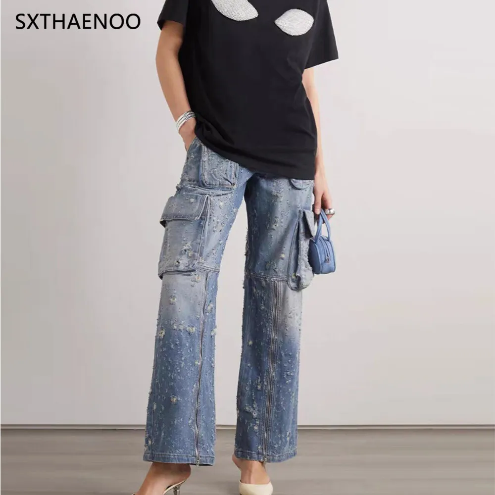 

SXTHAENOO Fashionable High-Waisted Jeans Women's Loose Spring Autumn Casual Trousers Versatile Multi-Pocket Working Uniform 2026