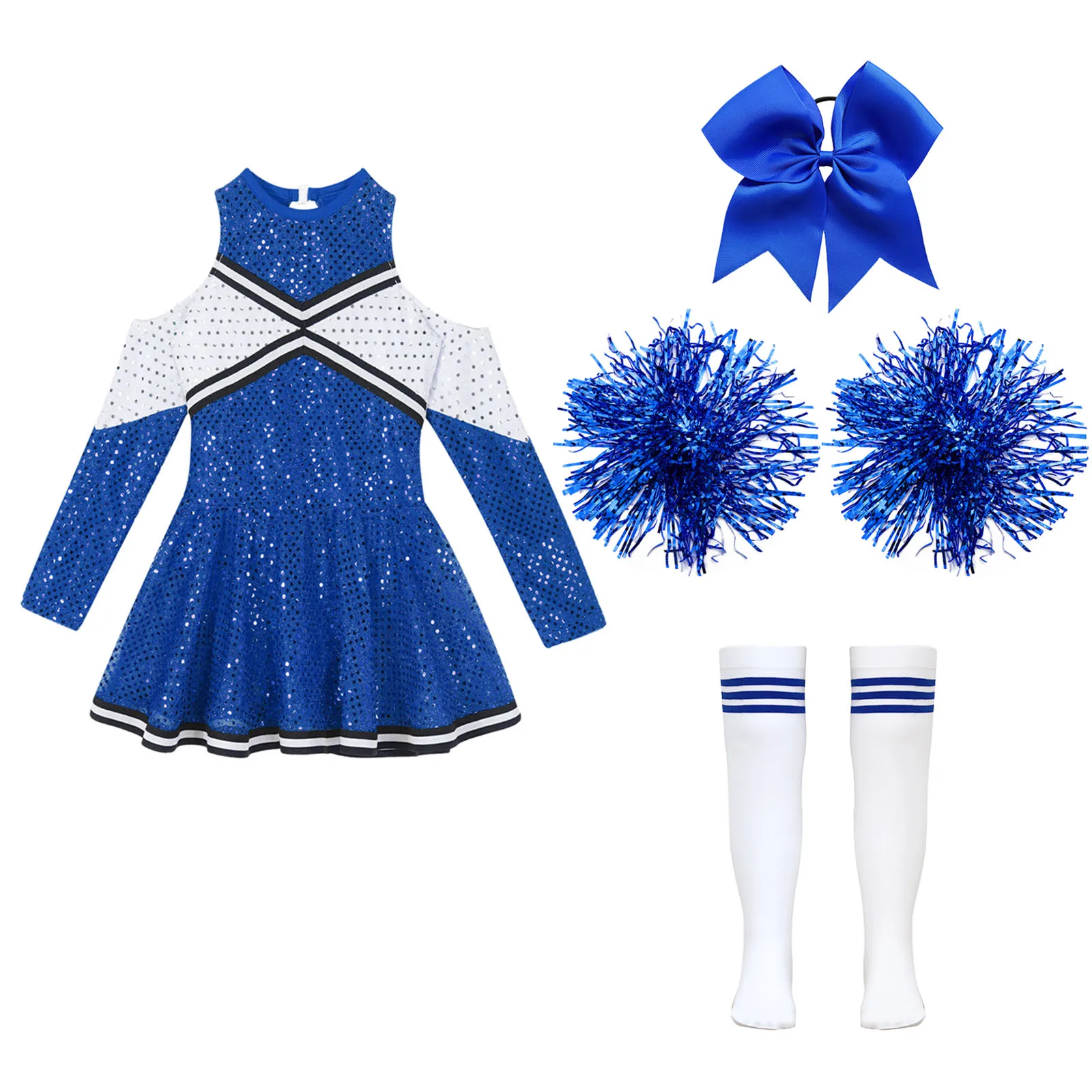 Tenues de danse de cheerleading pour filles, robe à sequins à manches longues et épaules dénudées avec couvre-chef, fleurs à la main, chaussettes, costume de cheerleader