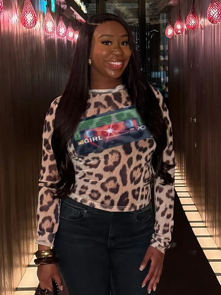 Whatiwear Mode Imprimer T-Shirts Femmes Sexy Léopard o-cou À Manches Complètes Skinny Stretch Hottie Sauvage Rue Tendance Classique Tenues