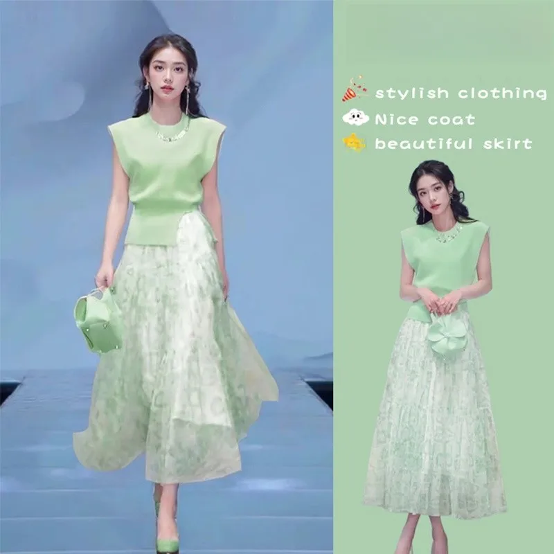 Summer Fashion Women's Slimming Sleeveless Top And Half-length Skirt Two-piece Set Elegant Age-reducing Complete Outfit