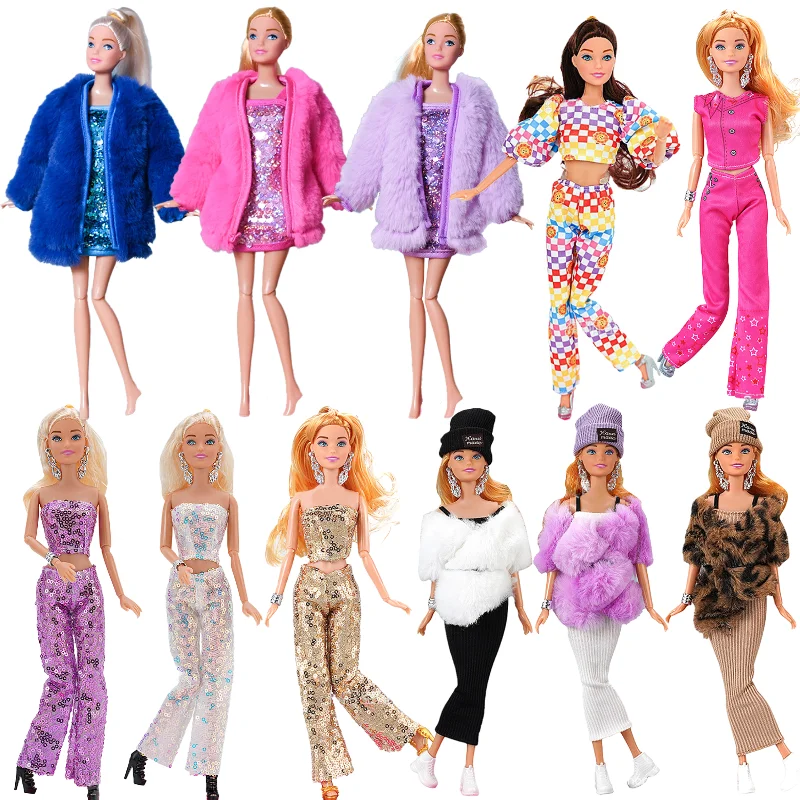 1 Set Puppen kleider für Barbies tägliches Outfit Plüsch Mantel Jacke Kleid Hut Hut Pullover Hosen Ohrringe Halskette Barbie Dress Up Girl Spielzeug