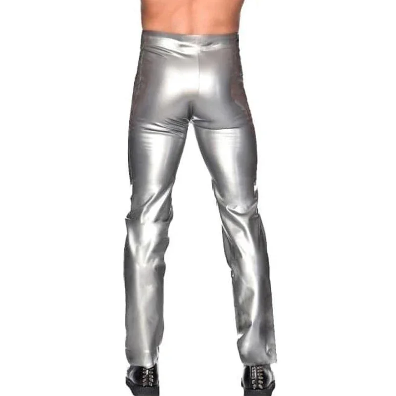 Silver Sexy Latex Leggings with Front Open Buttons Rubber Pants Jeans Trousers Bottoms Plus Size for Men