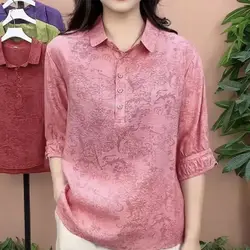 Chinese Style Summer Women Jacquard Pure Cotton Lapel Collar Shirt Vintage Middle Sleeve Thin Style Large Size Multicolor Tops