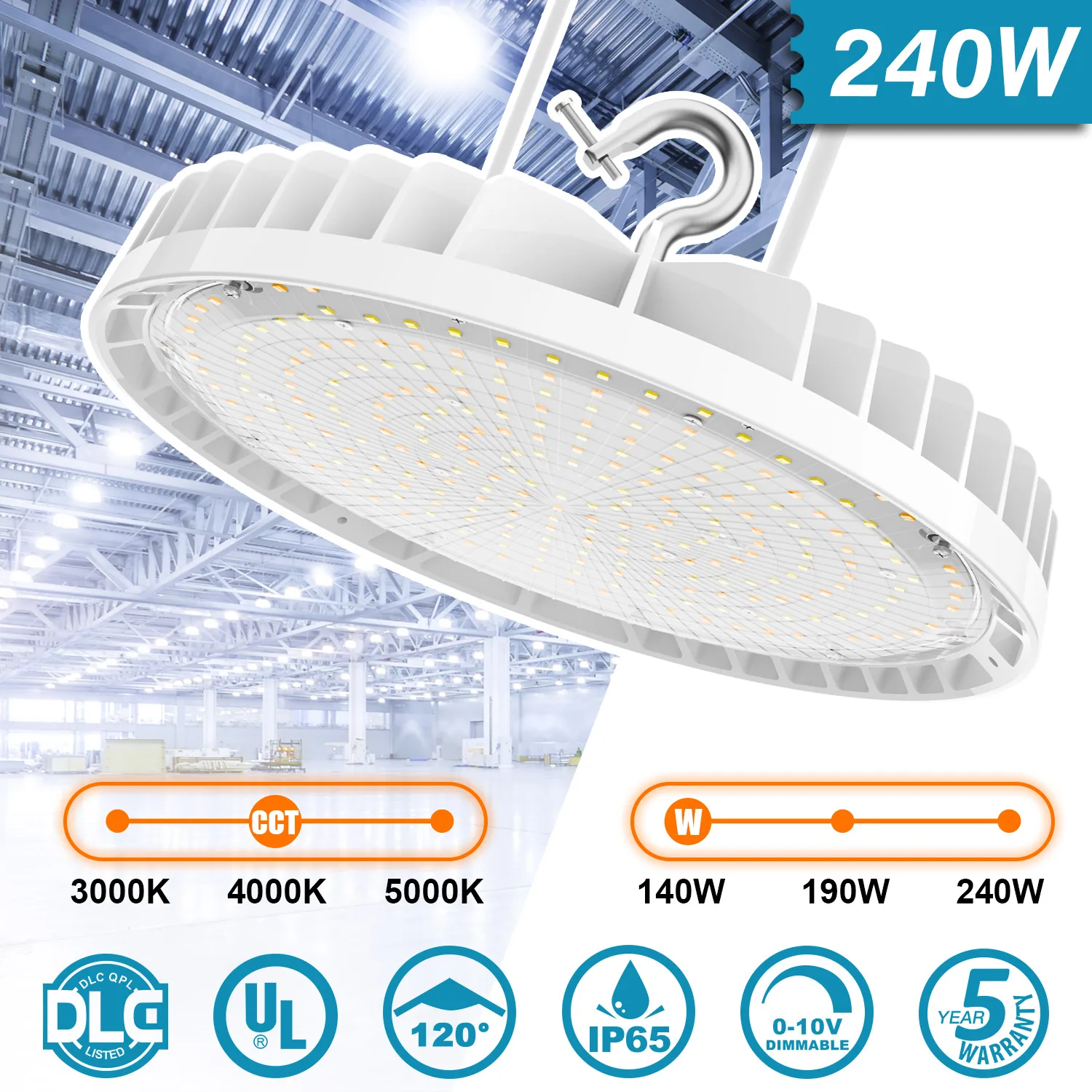 

240W UFO LED High Bay Lights CCT Wattage Tunable IP65 UL Listed Warehouse Shop Supermarket Lamp