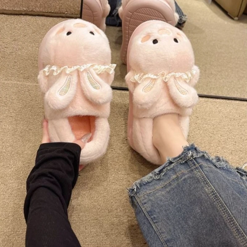 ​Women's Cartoon Rabbit Cotton Slippers Winter Non Slip Plush Indoor Outdoor Warm Furry Ankle Support Slippers​