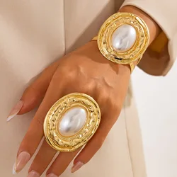 KMVEXO Vintage Pearl Metal Cuff Bangles Rings Set For Women Punk Geometric Gold Silver Color Big New Hip Hop Jewelry Set