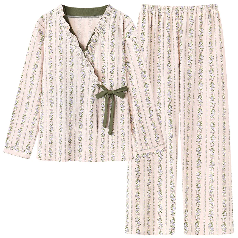 Spring Autumn V-Neck Pyjamas Female Pajamas Sets Elegant Floral Japanese Kimonos For Women Big Yards M-4XL Cotton Yukata