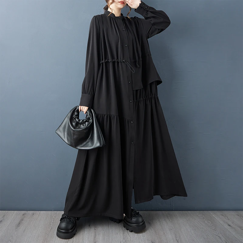 Autumn Fashion Loose Long Sleeve Asymmetrical Dark Style Shirt Dress Slimming Long Dress Casual round Neck Button up Women's ...
