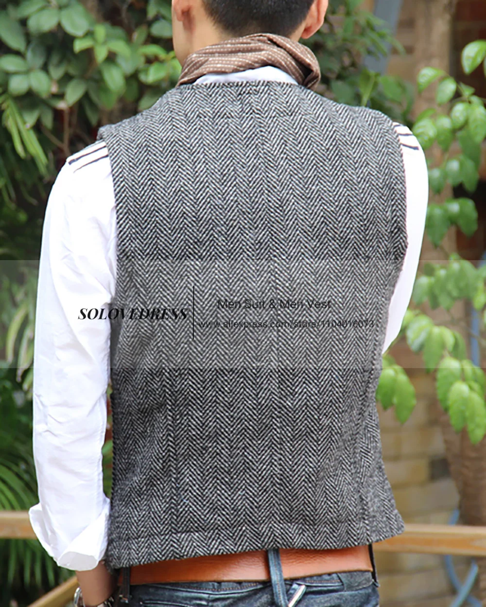 2024 Men\'s Formal Business Suit Vests Wool Slim Fit Single Breasted Herringbone Tweed Western Waistcoat For Wedding