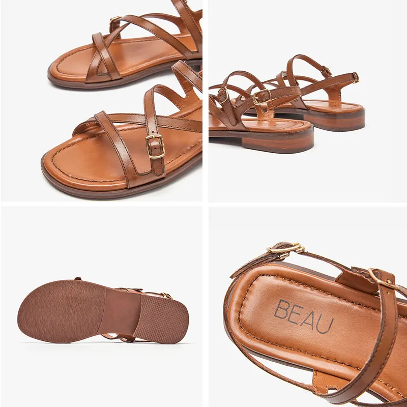 Beautoday Sandals Women Genuine Cow Leather Solid Simple Flats Cross Strap Metal Buckle Open Toe Ladies Shoes Handmade 32385