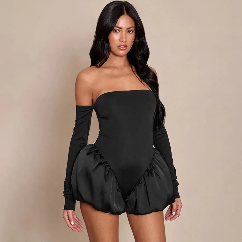 

Blifanbo Off-shoulder Sexy Strapless Playsuit Women Romper Elegant Ruched Long Sleeve Backless High Waist Club Party Playsuits