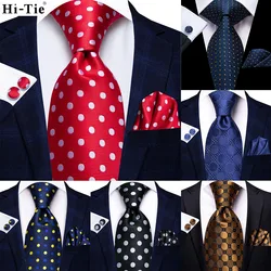 Hi-Tie Red White Dot 2024 New Mens Elegant Tie Hanky Cufflink Necktie For Men Wedding Party Business Men Tie Fashion Brand