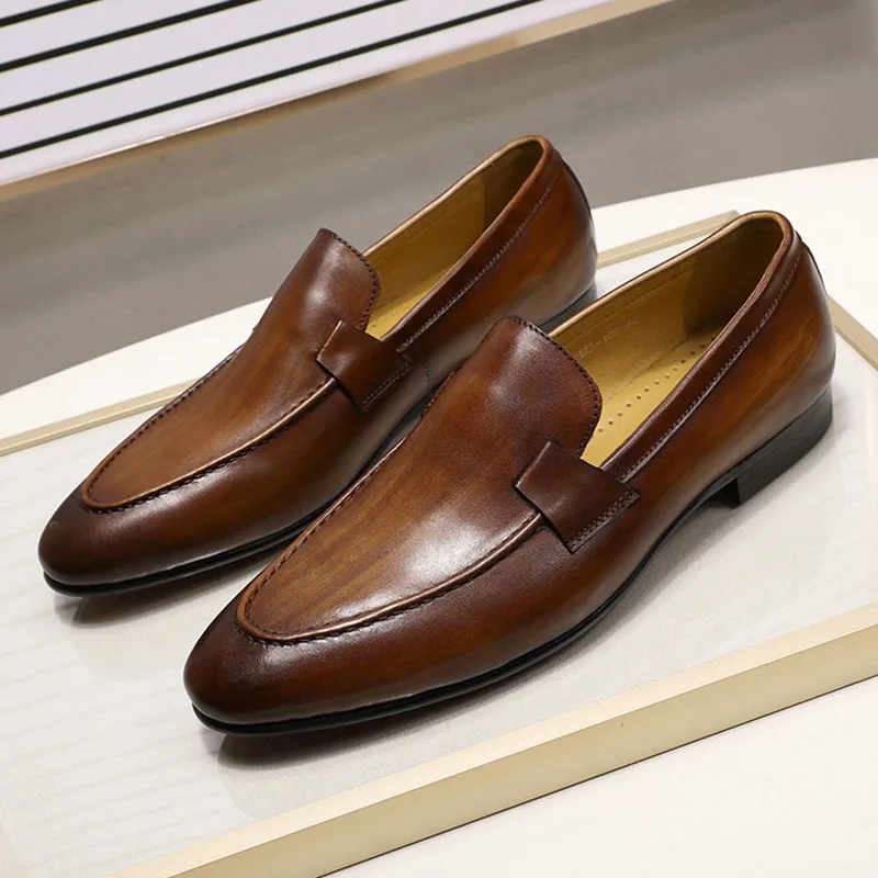 Mocassins à enfiler en cuir véritable pour hommes, chaussures d'affaires décontractées, noir, marron, soirée de mariage, danse, style automne et été