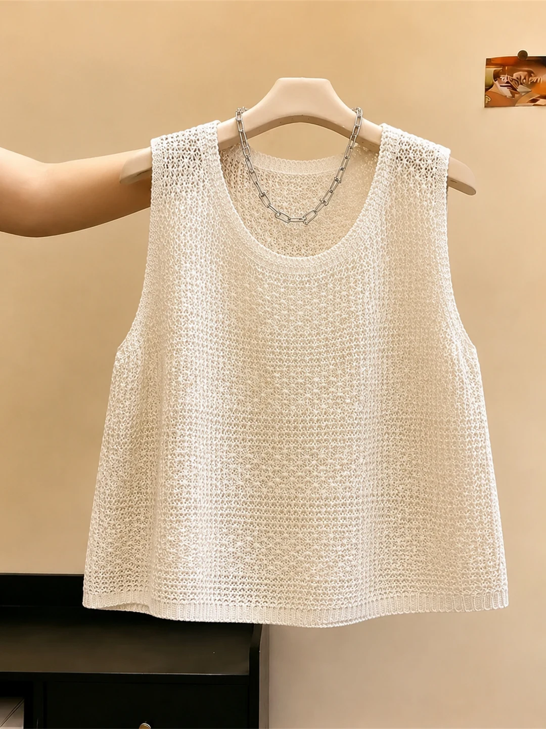 

Fashionable Sleeveless Hollow out Knitted Ice Silk Vest Summer Anti-Aging Trendy Top Korean Style Straight Cut Daily Wear