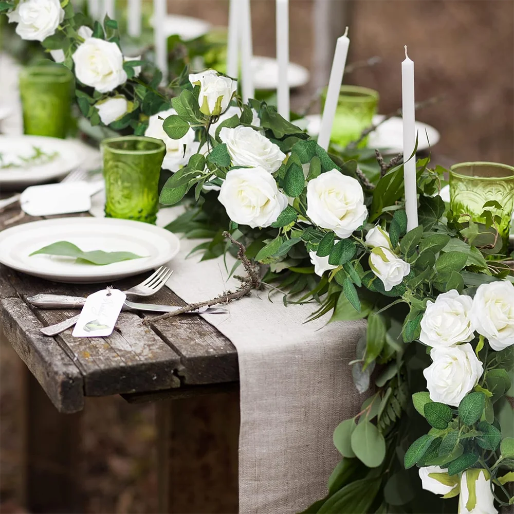 19,5 Fuß künstliche Blumengirlande mit weißer Rose, künstliche Ranken, Seidenblume, hängende Rosengirlande für Hochzeitsbogen, Gartenhintergrund – Detail 3