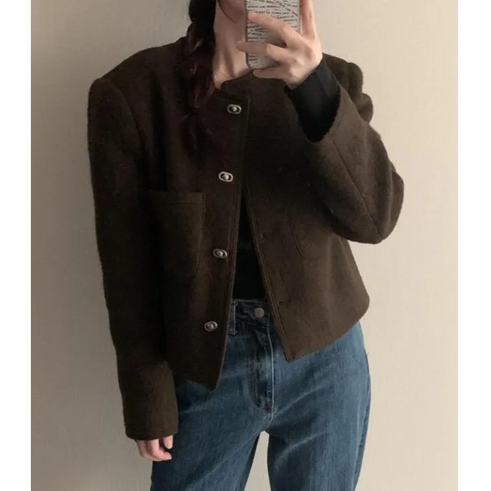 

Faionable ort Woolen Coat Women's round Ne Korean Sle Chic Autumn Winter New Retro Slimming Versatile Personali Top