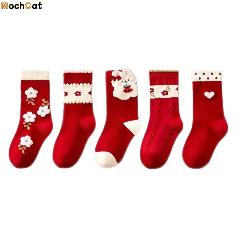 

Хлопковые детские новогодние носки, рождественские носки в китайском стиле с вишневым цветком и медведем, красные детские чулочно-носочные изделия с рисунком кролика