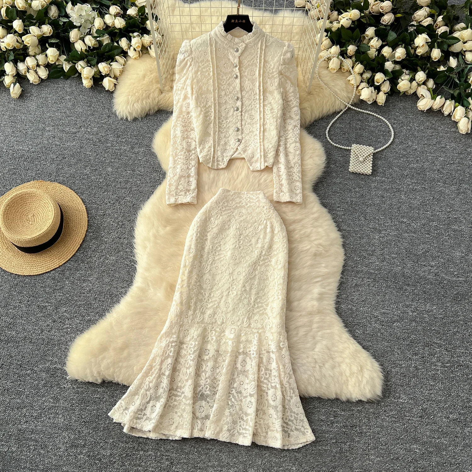 Chic Lace Women Two-Piece Sets Puff Sleeve Single Breasted Top and High Waist Mermaid Skirt French High Street Autumn Clothing