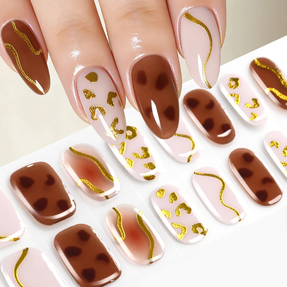 16Tips No-Bake Gel Nail Strips Leopard Print & Gold Wave Design Self-Adhesive Nail Wraps for Trendy Work& Daily Manicure Decals