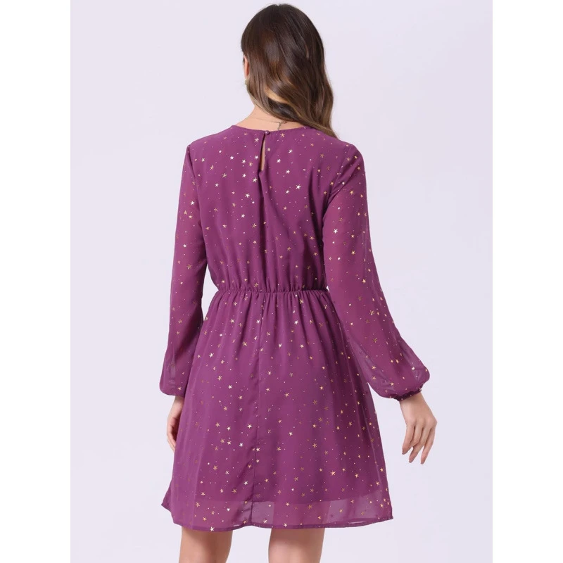 V-Neck With Collar, Chiffon Long Sleeves With Star Print A-Line Mini Dress For Halloween Party traf