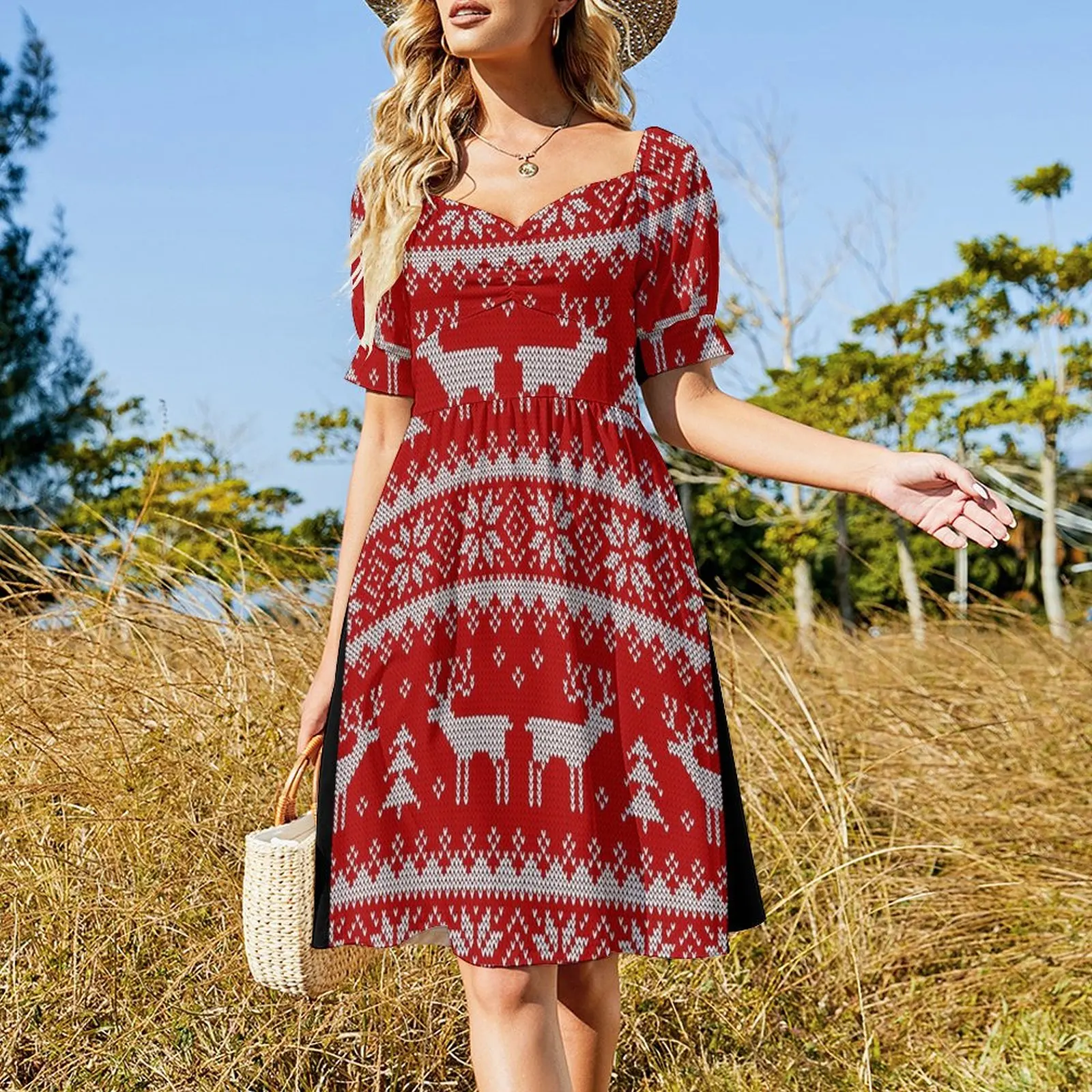 scandinavian ornament with deers. Short Sleeved Dress evening dress woman Summer skirt Dress