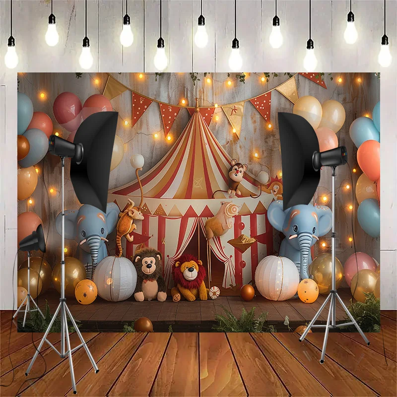 Circus Tent With Striped Canopy Popcorn Photography Backdrops Balloons Birthday Party Decor Animal Photo Studio Background SD-04