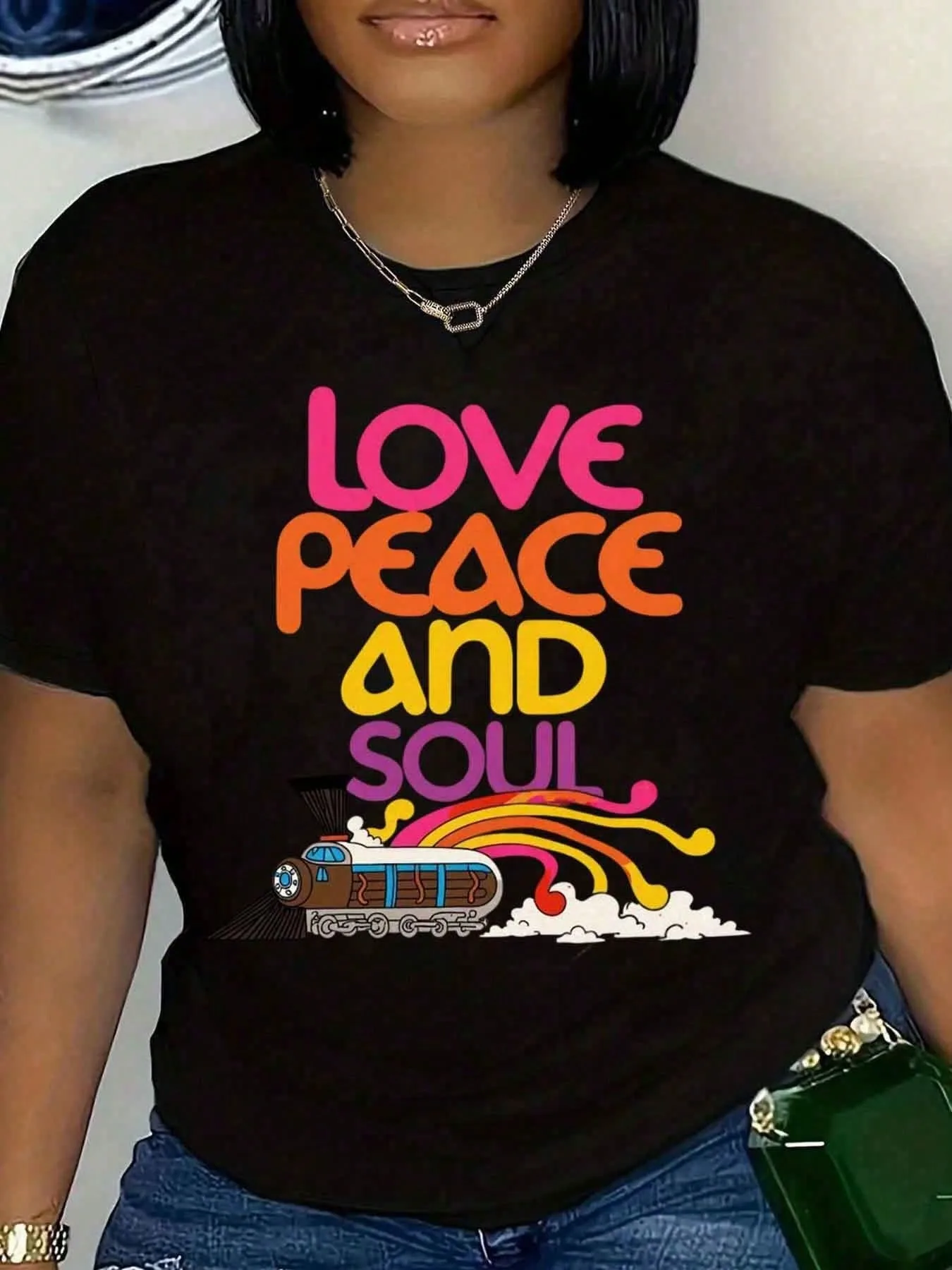 Love Peace Soul Print Graphic T Shirt Colorful Retro Streetwear Top Positive Message Short Sleeve Everyday Outfit Fashion