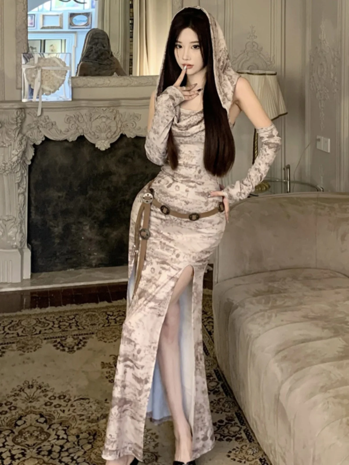 

Сексуальное облегающее платье-бодикон с капюшоном и длинными рукавами, с разрезом, в стиле постапокалиптической пустыни, от Gege Home Fashion