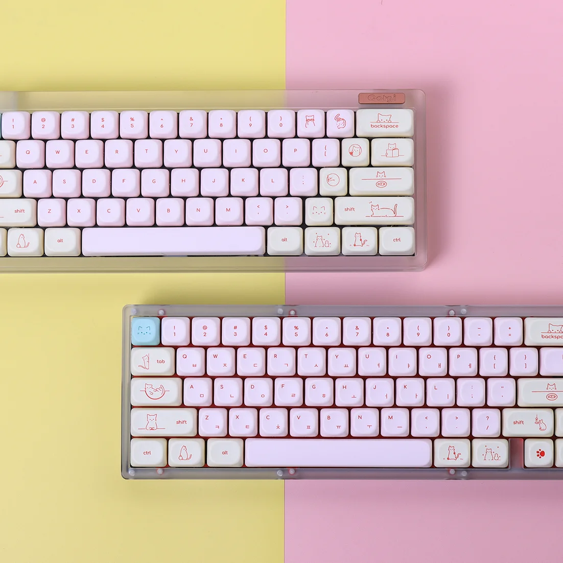 Pink Cat Keycaps Minimalist Small Font Cute Korean Keycap PBT Dye Sublimation MOA Profile Key Caps For MX Mechanical Keyboard
