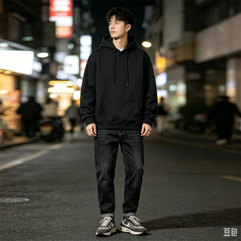Camisola com capuz de corte largo para homem, modelo simples e casual, de cor lisa, estilo hip-hop urbano, casaco casual para o outono e inverno.