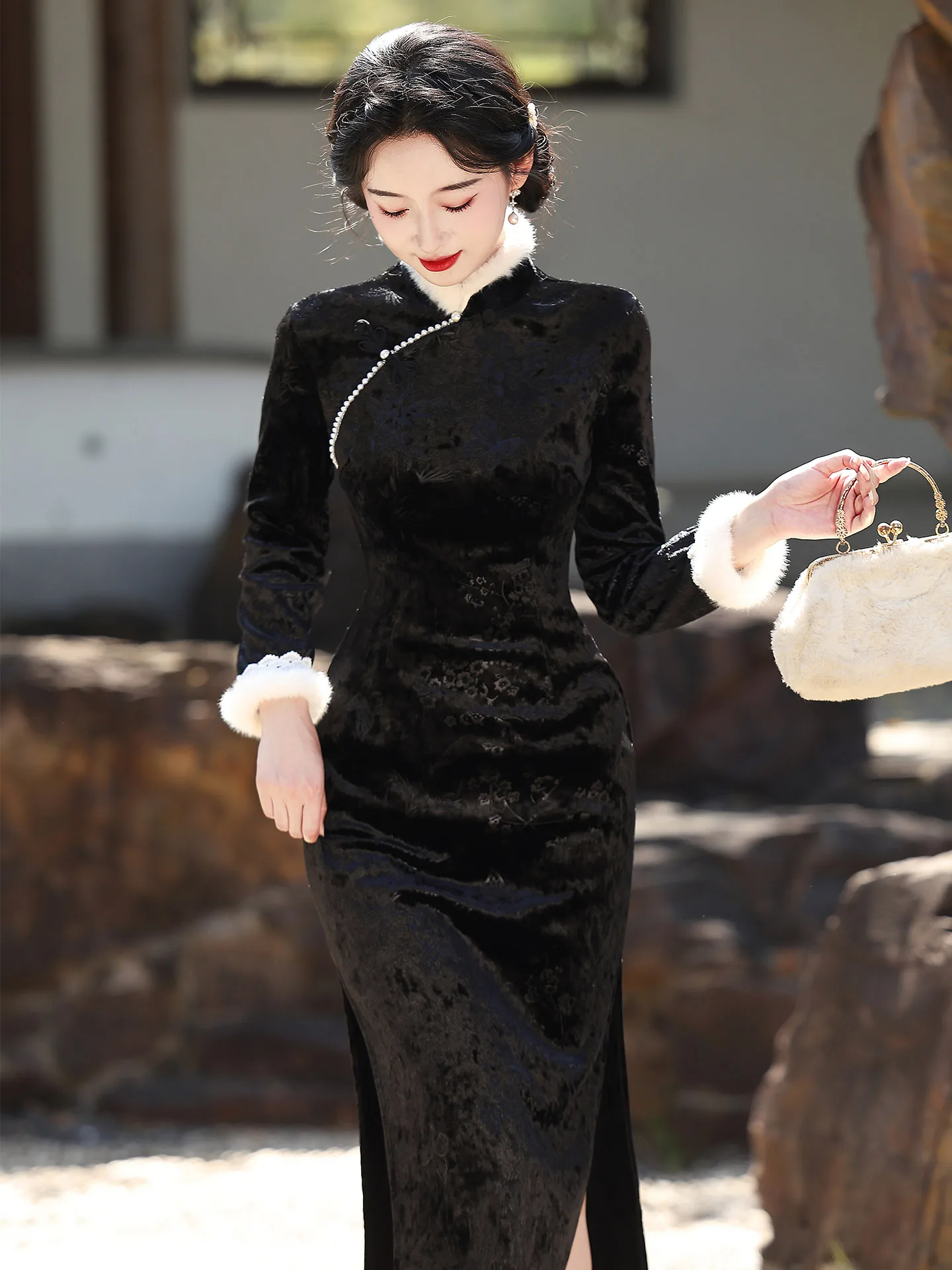 

Ele Long Sve Fce Lined Qipao Dr Warm High End Bodycon Gown New Chinese Sle Evening Dr Bla Maxi Dr