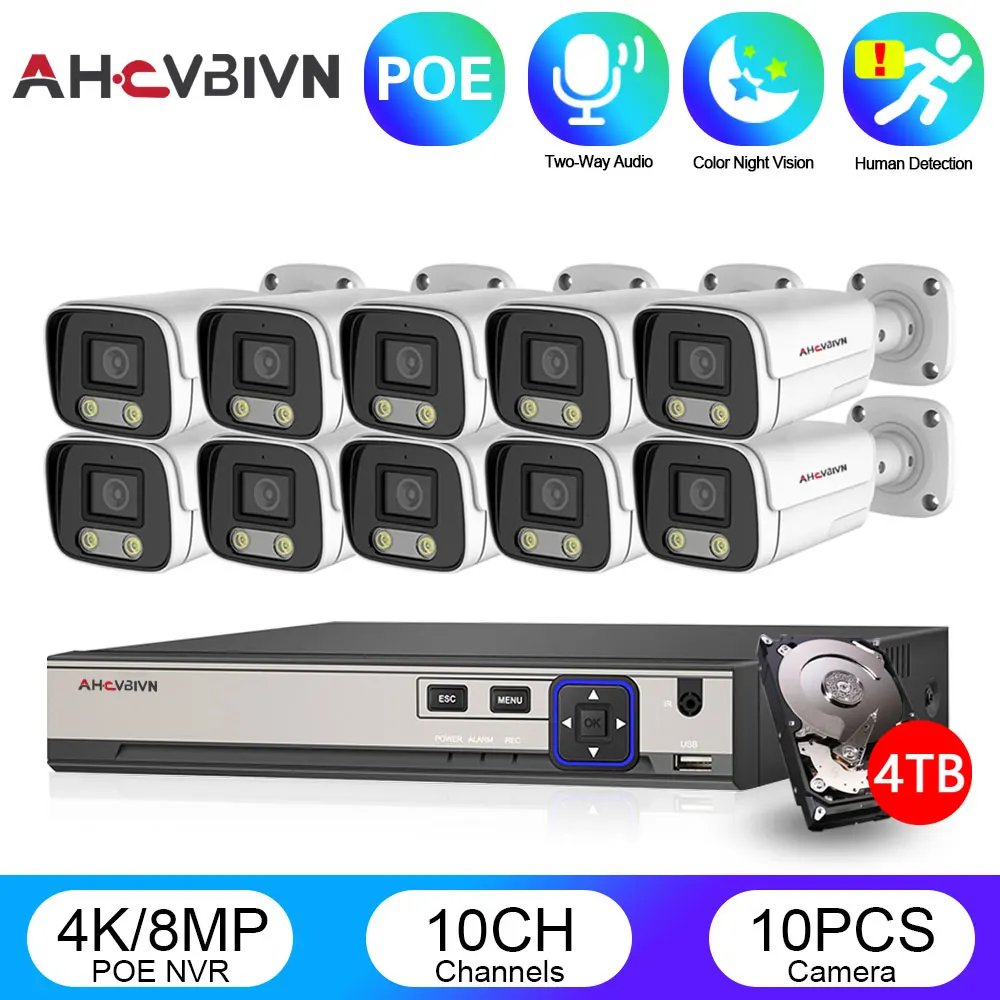 

8MP POE NVR CCTV Security 5MP HD IP Camera Video Surveillance Kits 8CH 4K NVR Colorful Night Vision AI Human Detection System