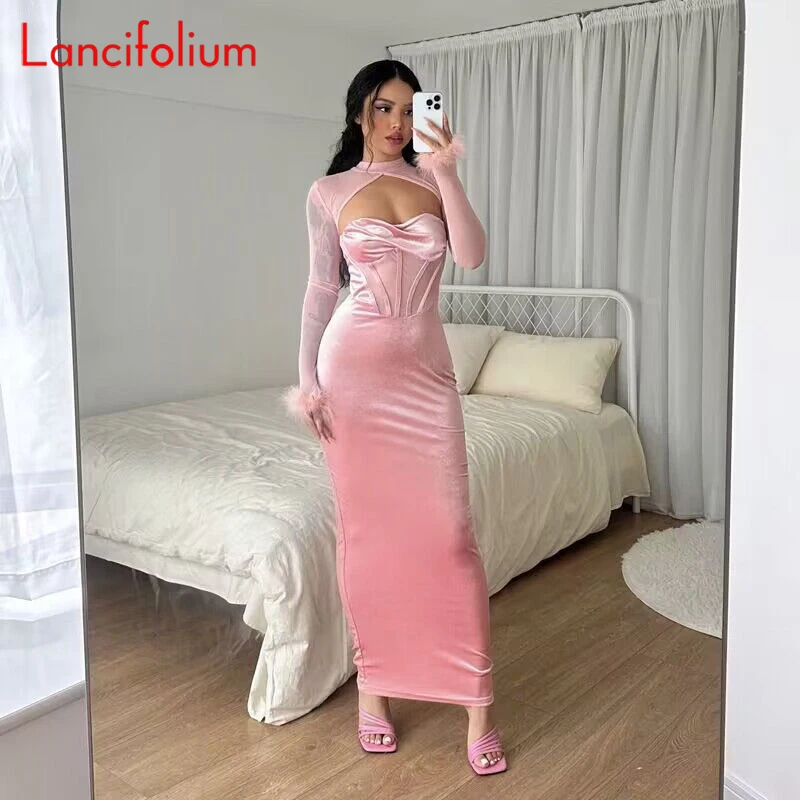 Herbst Frauen Feder schiere Mesh Samt Patchwork schwarze Kleider sexy Korsett Brust aushöhlen Langarm Bodycon Bleistift Party kleid