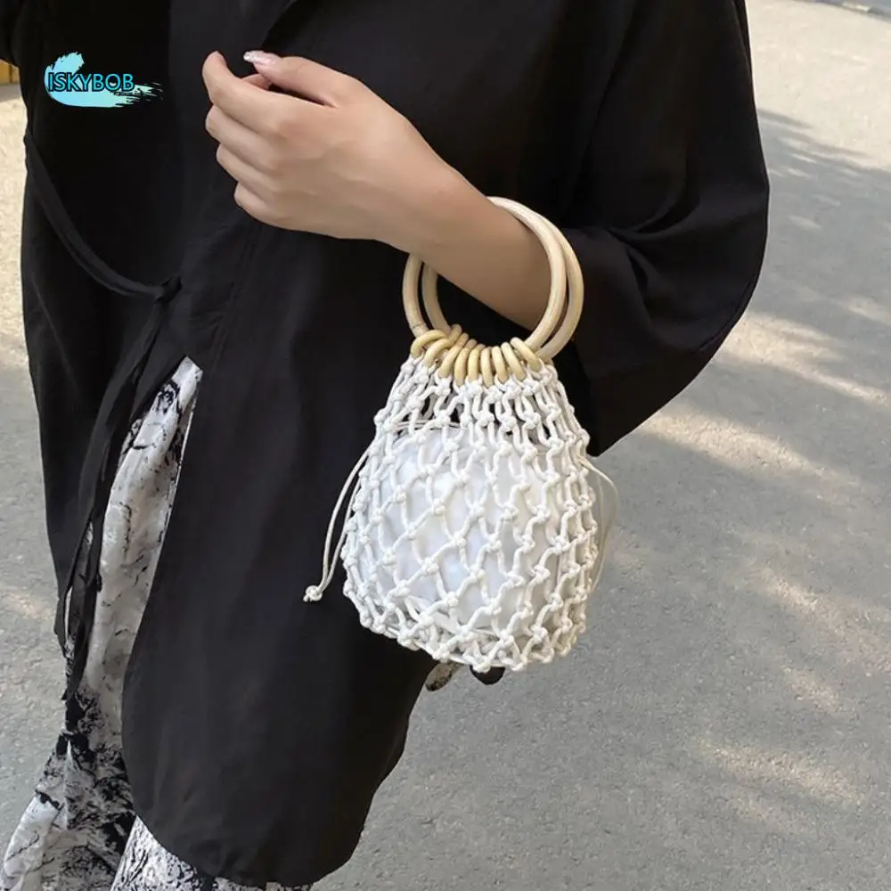 

Portable Weaving Straw Woven Handbag Handmade Korean Style Woman Wrist Pack Niche Design Solid Color Bucket Tote Bag Lady