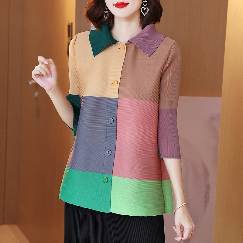 Blouse 2023 pleated color matching fashion POLO collar cardigan with 3/4 sleeves western-style blocking top shirt blouse female