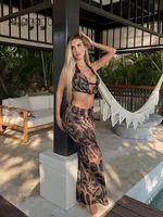 Ahagaga Sexy Club Conjuntos de mujer Trajes Estampado Halter Con cuello en V Sin espalda Estilo de playa Vendaje Vaina Flaco 2 piezas (Tops + Skrit) Chándales