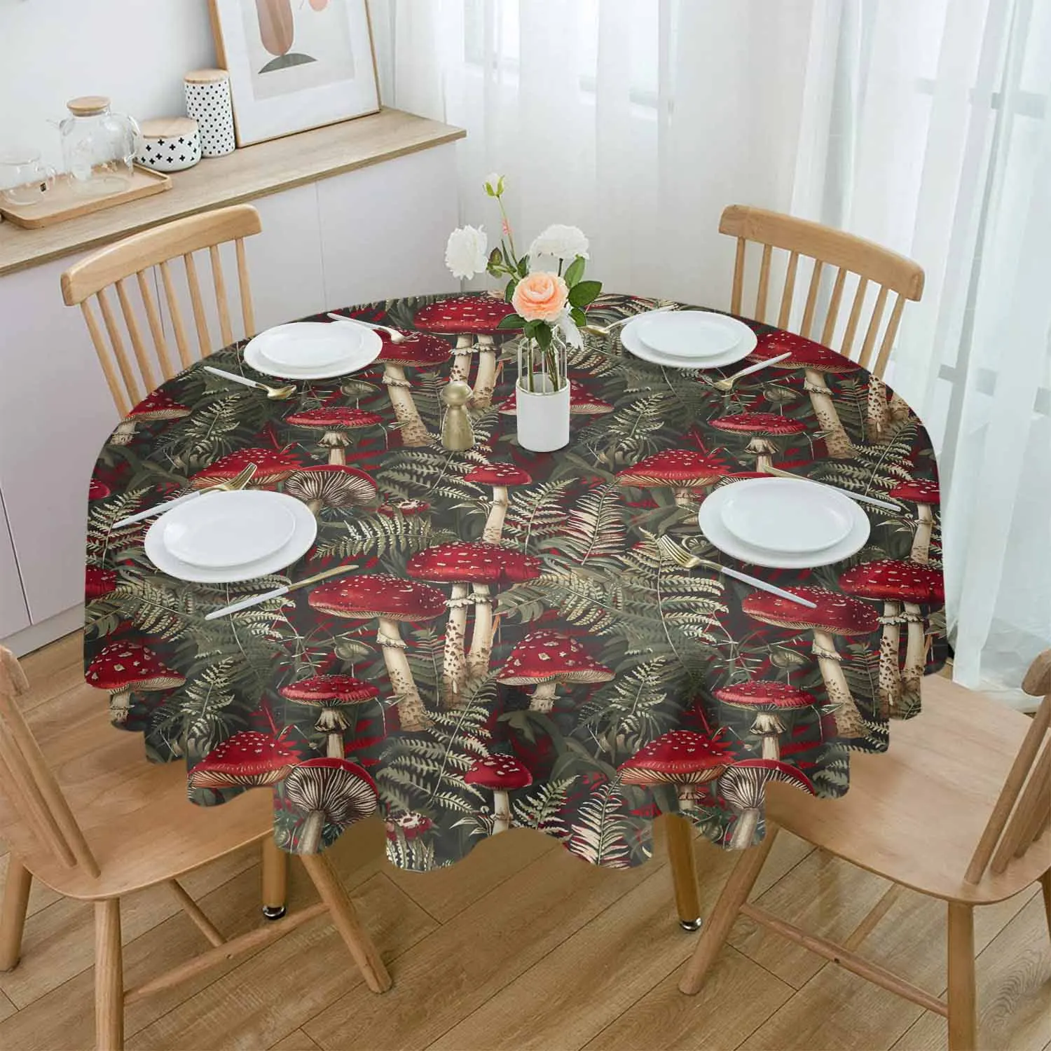 

Red Mushroom Fern Round Table Cloth Festival Dining Tablecloth Waterproof Table Cover for Wedding Party Decor