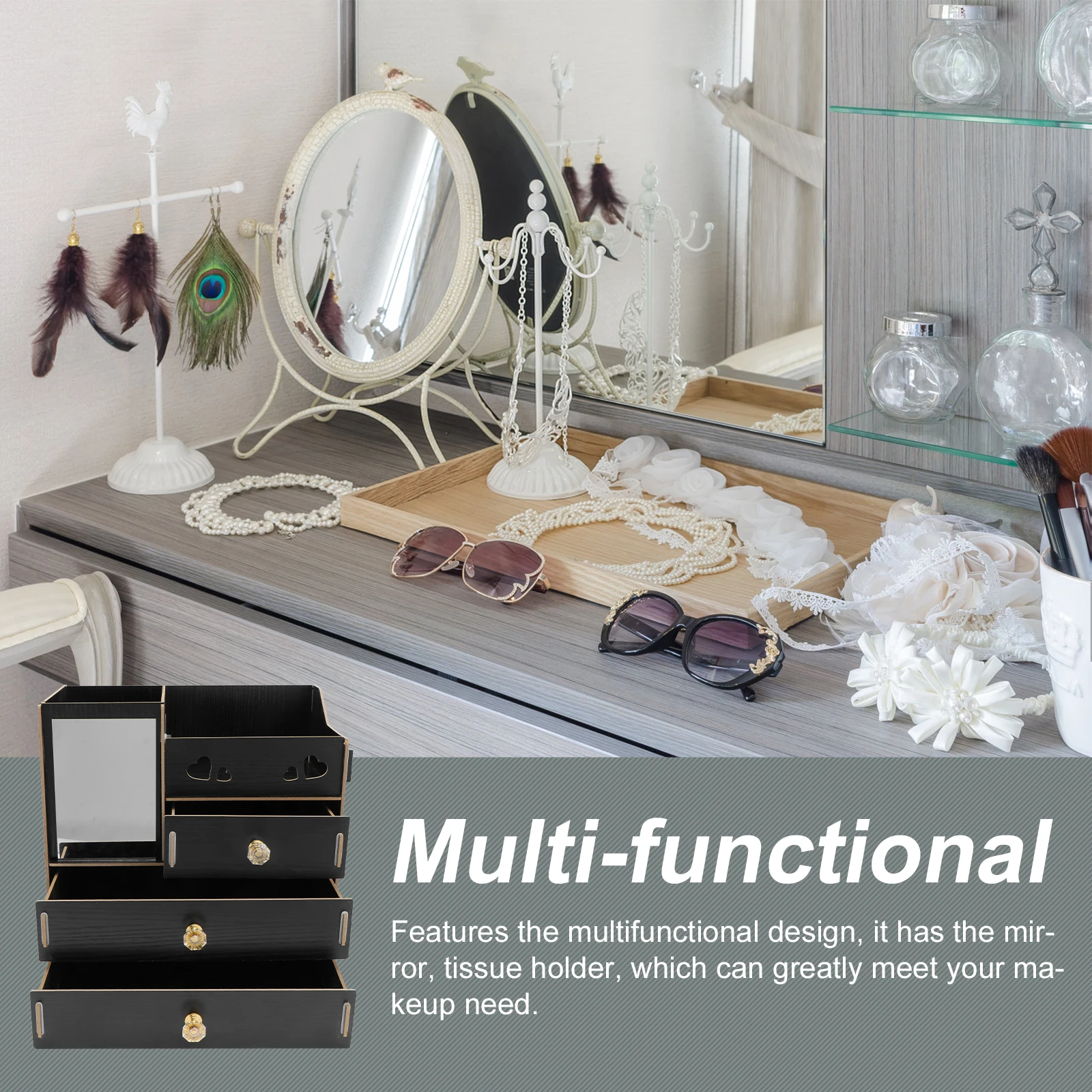 

Storage Box Desktop Organizer Rack Wood Material Compact Multifunctional Mirror Tissue Holder Cosmetics Jewelry Storage