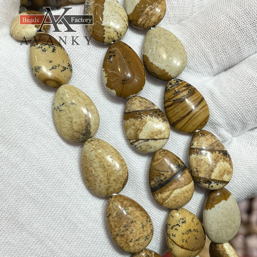 13x18mm Natural Picture Stone Water Droplet Melon Seeds Shape Loose Beads Jewelry Making DIY Necklace Bracelet Accessory 15''